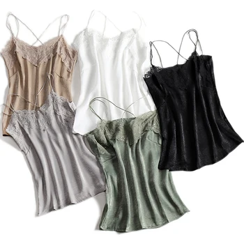 

Fashion Halter Top Women Lace Camisoles Casual 2020 Sleeveless Silk Top Ladies Tank Tops Women Summer Elegant Satin Cami Top