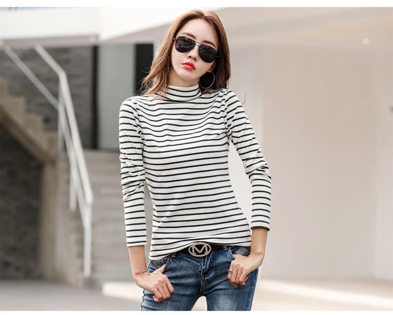 Striped Thicken T Shirt Women Turtleneck Tshirt Woman Clothes Poleras Mujer De Moda Fall Long Sleeve Cotton Tees Female