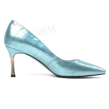 

LAIGZEM FASHION Women Heels Real LEATHER Pumps 7.5CM Metal Mid Heels Corcodile Sandals Quality Shoes Woman Big Size 38 39 40 43