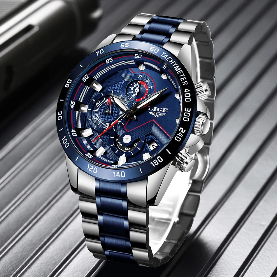 New Fashion Men Watch Lige Top Brand Analogue Clock Stainless Steel Waterproof Luminous Sports-2