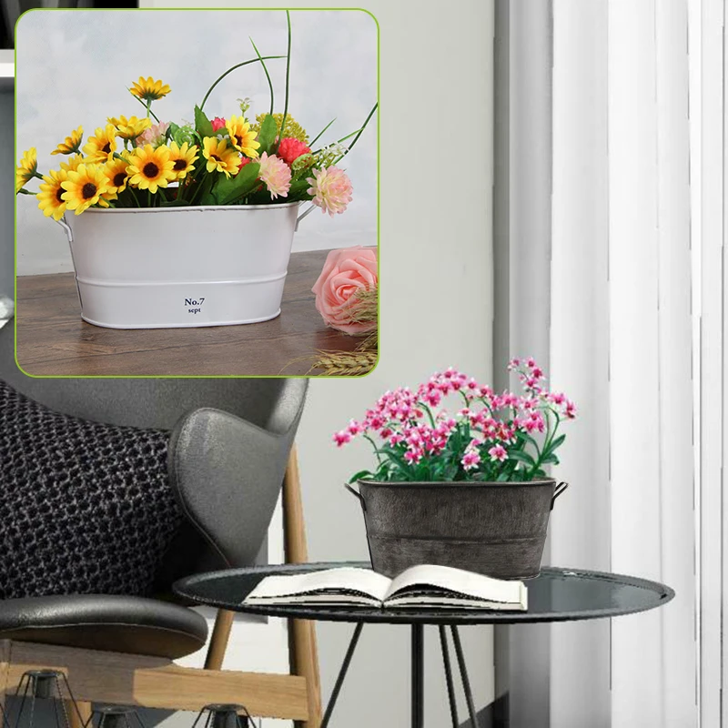 Retro Iron Flower Pot Plant Bucket Oval Planter Home Garden Balcony Decorations For Home Diy Tools Parts