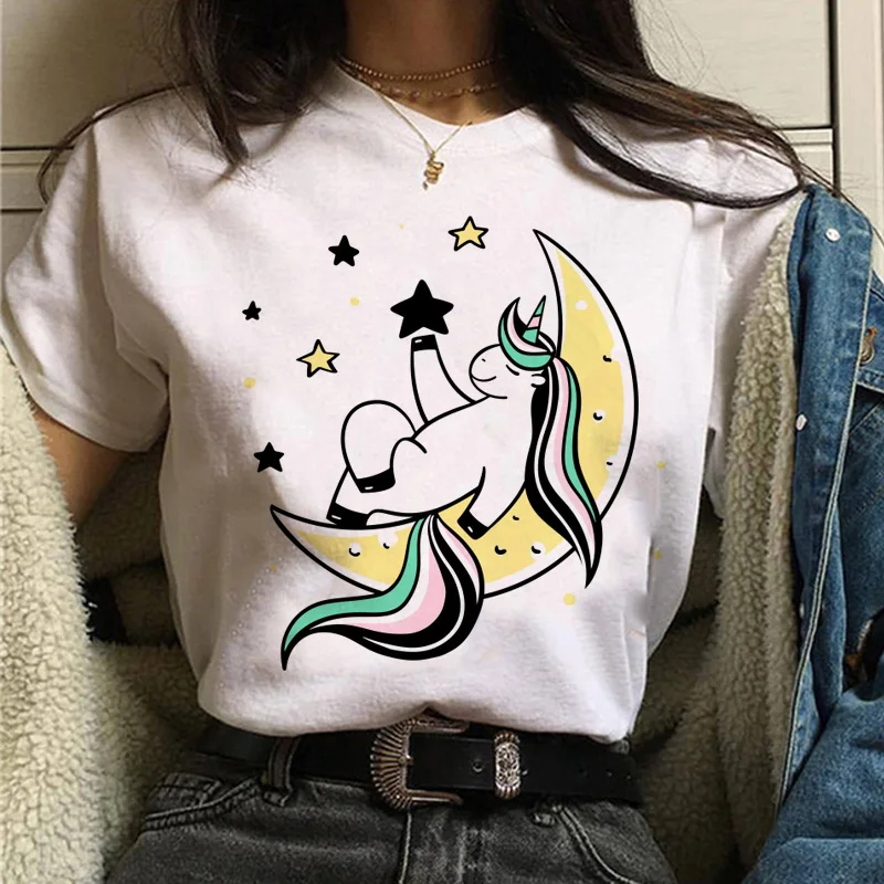 Женская футболка с единорогом kawaii с забавным рисунком ulzzang 90s Уличная футболка корейский стиль гранж Женская Повседневная футболка одежда