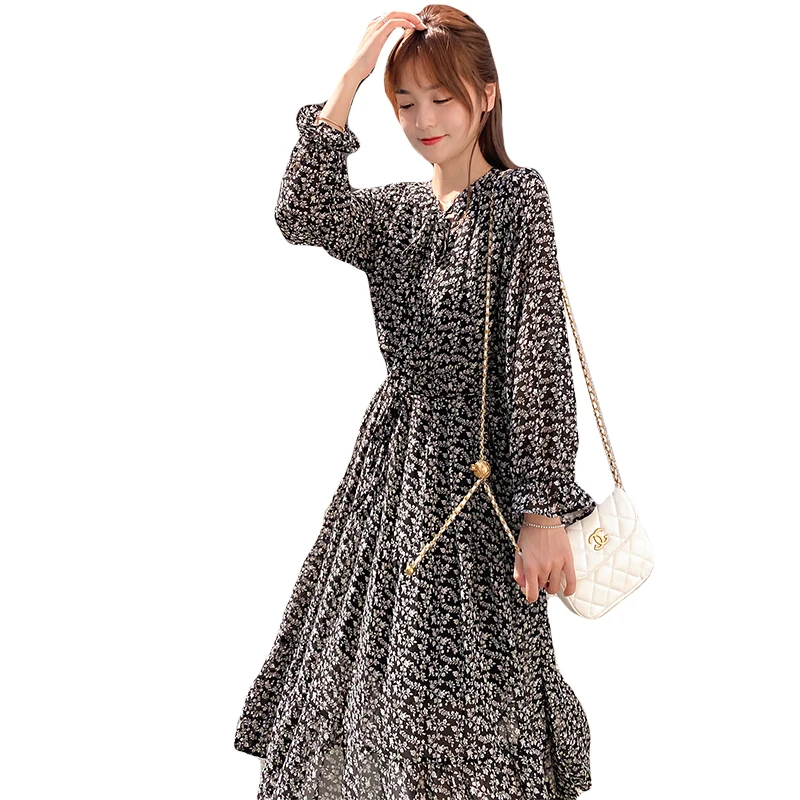 Tonglord Autumn Elegant Bow-neck Chiffon Dress Women Flare Sleeve A-line Floral Print Female Dress Vintage Long Vestidos Femme