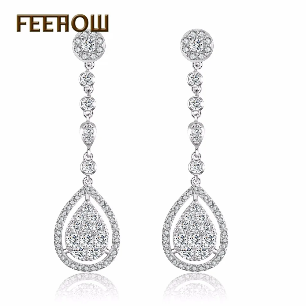 

FEEHOW Romantic New Design Water Drop CZ Stone Long Dangle Earrings Long Rose Gold /Gold Color Wedding Jewelry FWEP2110