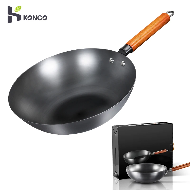 xiaoxioaguo Chinese traditional hand-forged non-stick iron pan thickened uncoated pre-regulated carbon steel wok cooking pot 32cm 