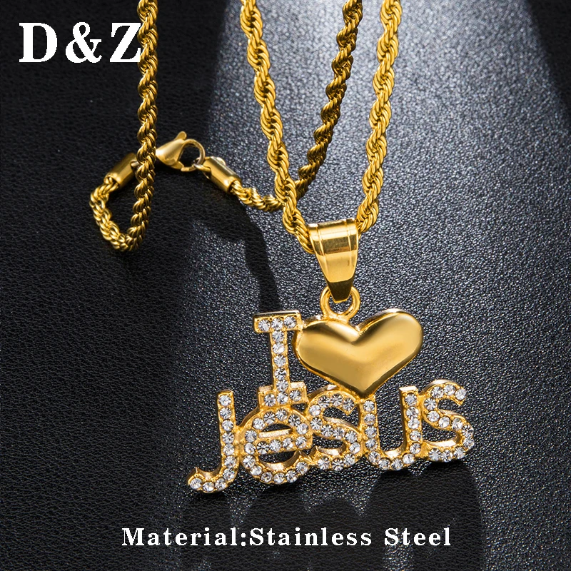 D&ampZ Religion Iced Out Bling Crystal I LOVE JESUS Letters Love Heart Pendant Necklace For Women Christian Jewelry Gift | Украшения и