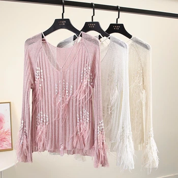 

Sequins tassels thin sweater women V-neck slim knitted pullover hollow out flare sleeve sweaters tops 2019 autumn new arrival
