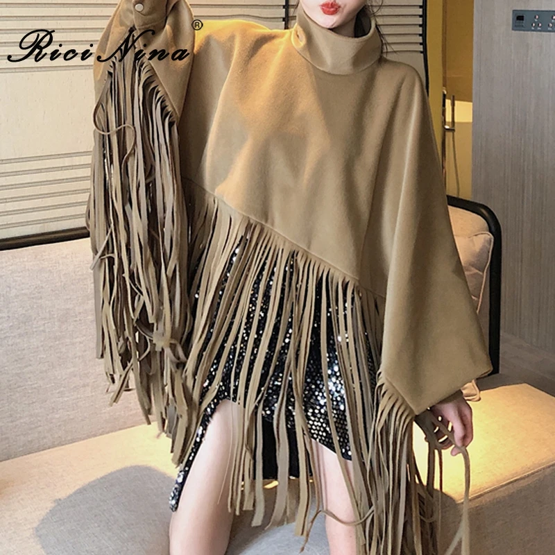 

RICININA Cape Coat Women Long Bat Sleeve Turtleneck Tassel Solid Velvet Casual Loose Women Ponchos And Capes Pullover Woman 2020