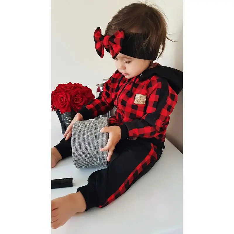 New Autumn Children Clothing Boys Girl Plaid Casual Hoodie+Pants+Headband 3pcs/Set Infant Outfit Kids Clothes Suit Tracksuits