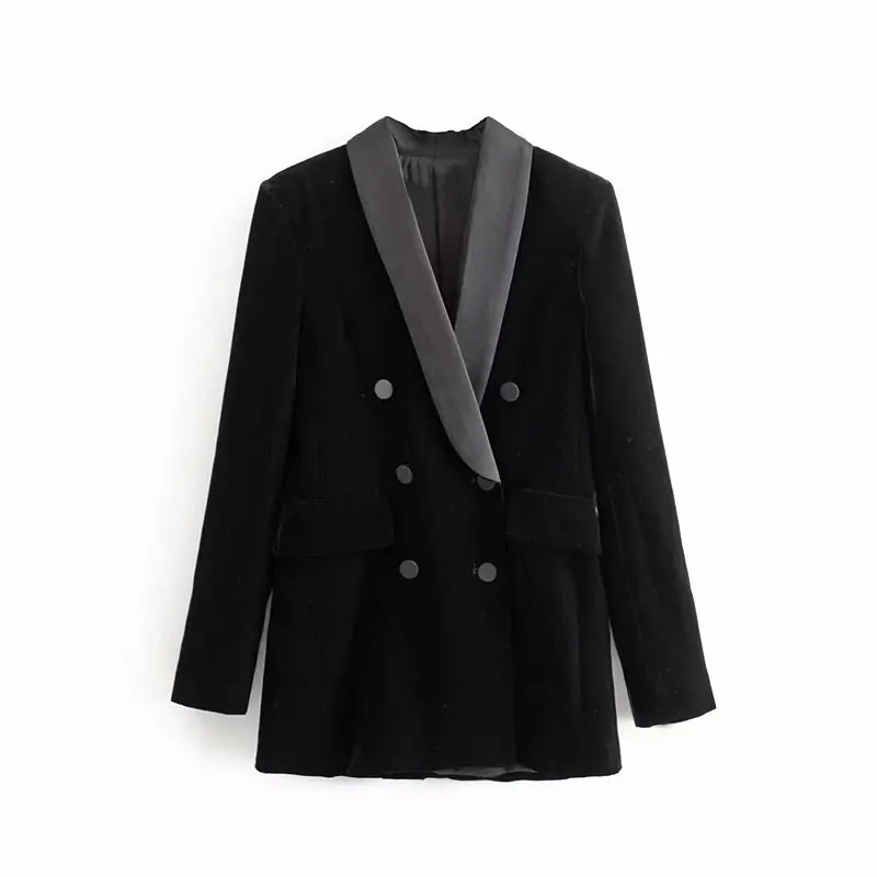 women black velvet slim suit jacket v neck casual blazer double breasted 2020 autumn winter office ladies outwear coat feminina | Женская
