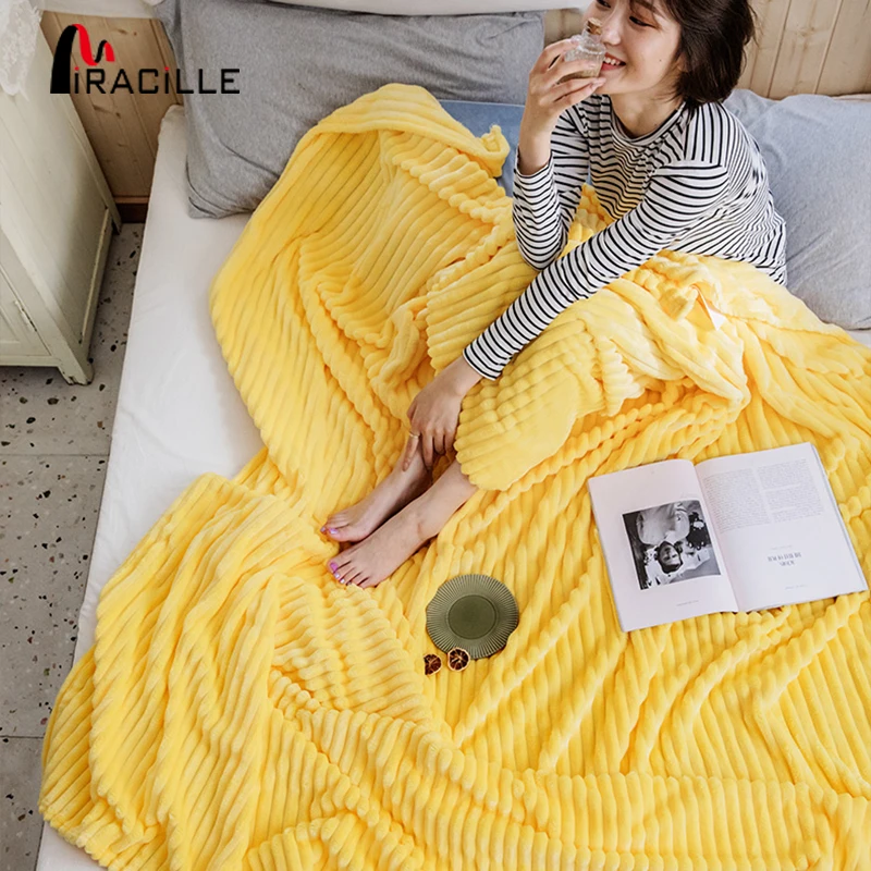 Miracille Solid Striped Flannel Throw Blanket Super Soft Fleece Travel Blankets Winter Sofa
