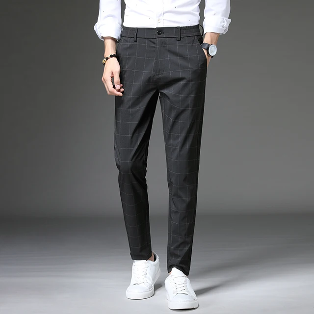 Summer Men's Stretch Stripe Plaid Casual Pants Men High Quality Business Black Grey Straight Work Formal Pants Trousers Male 5