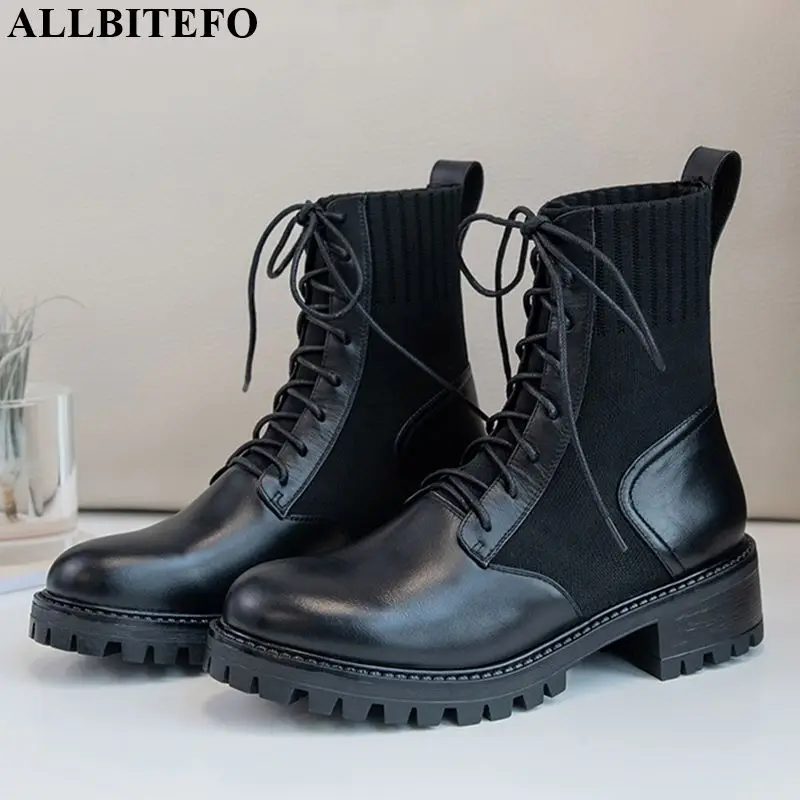

ALLBITEFO genuine leather+Knitting wool women boots ankle boots Pure color Autumn Winter fashion Martin boots comfortable