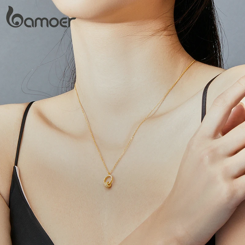 Bamoer, двойной круглый кулон, ожерелье для женщин, золотой цвет, 925 пробы, серебряный, геометрический дизайн, свадебные украшения SCN380