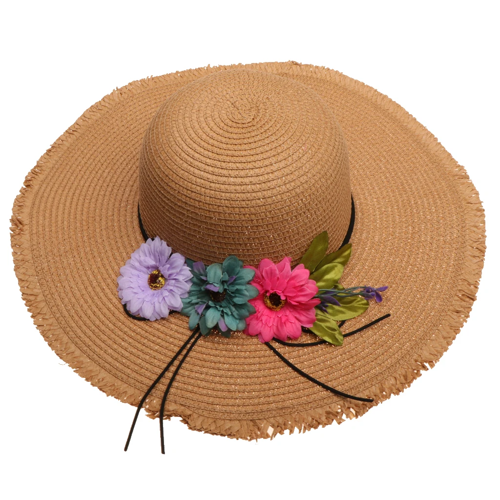 1 Piece Newest Casual Woman's Sun Caps Summer Holiday Outdoor Sunscreen Tourism Hat With Tricolor Flower Sunshade Straw Hat