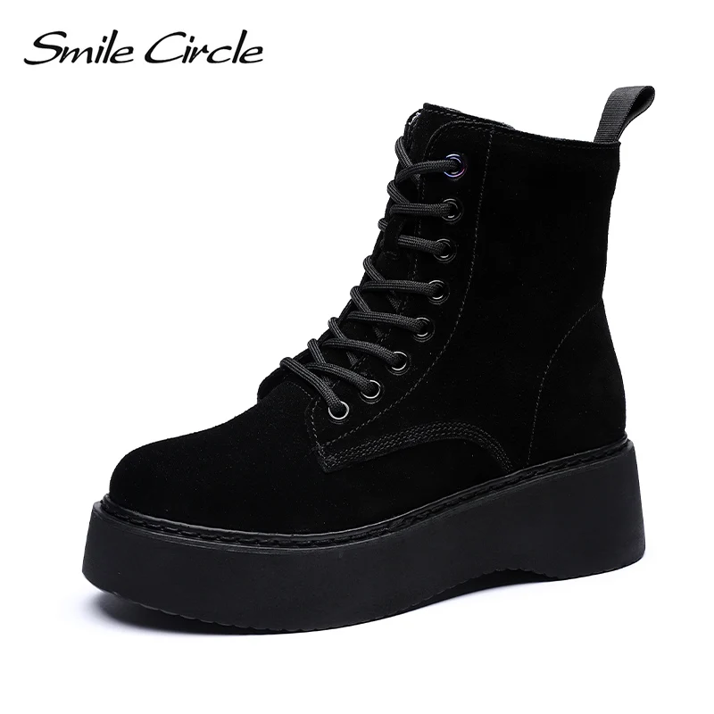 Ceny Buty damskie naturalny zamsz skórzane botki płaskie buty na platformie moda zamek grube dno czarne buty damskie