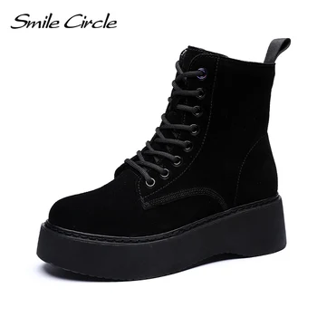 

Women Boots Natural suede leather Ankle Boots flat Platform Boots Fashion zipper Thick bottom Black Ladies Shoes