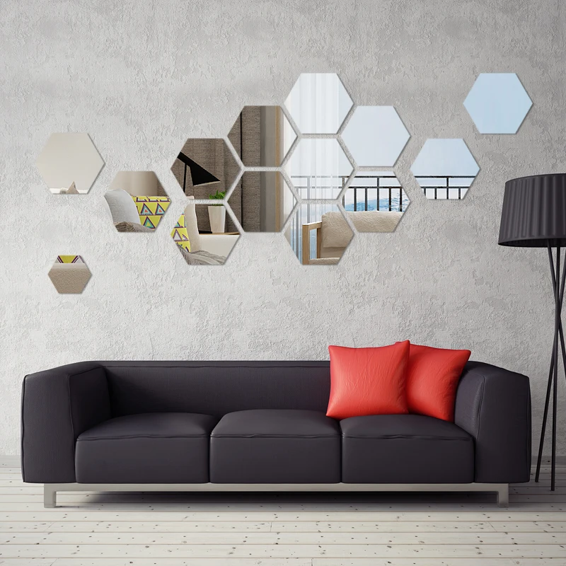 Black Big Asdf586io 12Pcs Geometric Hexagon 3D Mirror Effect Wall Stickers DIY Home Decorations