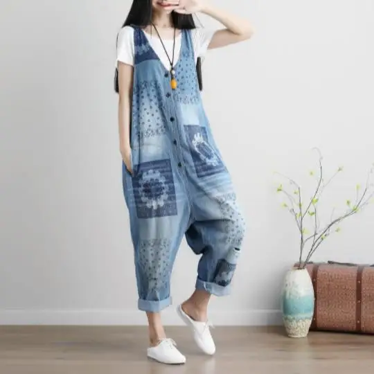 Summer Sleeveless Jumpsuits Washed Printing Bib Pants Women Overalls Loose Hole Denim Suspender Jumpsuit AE216