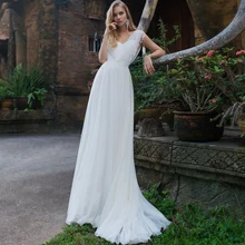 Simple White A-Line Wedding Gowns V-Neck Sleeveless Backless Gentle Chiffon Tassel Court Train Bridal Dresses Vestidos De Novia