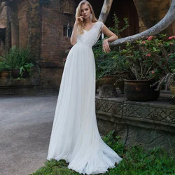 Simple White A-Line Wedding Gowns V-Neck Sleeveless Backless Gentle Chiffon Tassel Court Train Bridal Dresses Vestidos De Novia