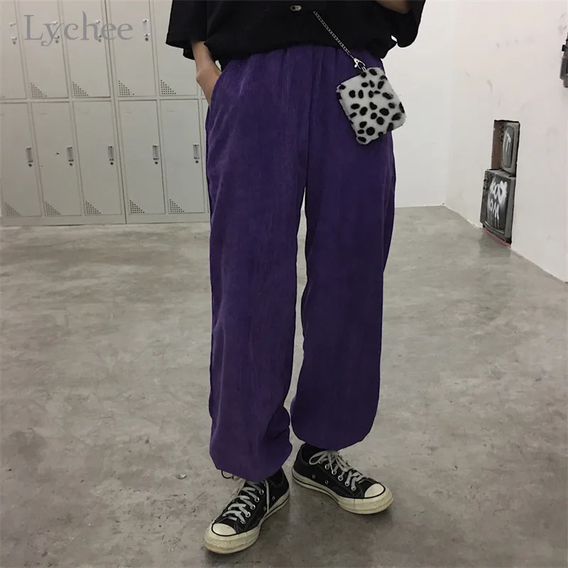 Lychee Harajuku однотонные Вельветовые женские штаны с эластичной резинкой на талии свободные женские повседневные штаны для бега весенние осенние женские брюки