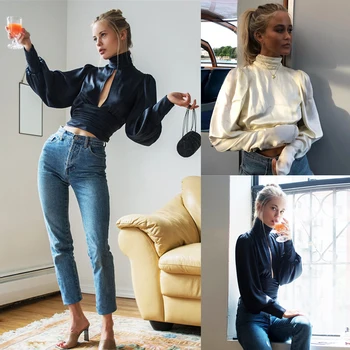 

Office Women Autumn New Satin Mock Neck front Keyhole Back Cut-out Slim Top Long Puff Sleeve Blue Shirred T Shirt England Style