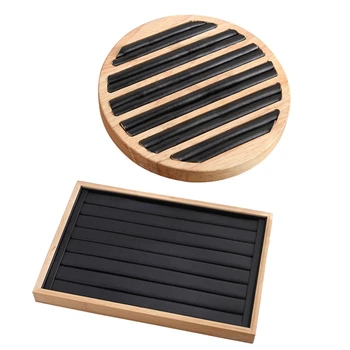 

2 Pcs Rings Display Tray Wooden Round Ring Holder Showing Plate Jewelry Organizer Showcase Black, 15X2Cm & 24X35X3Cm