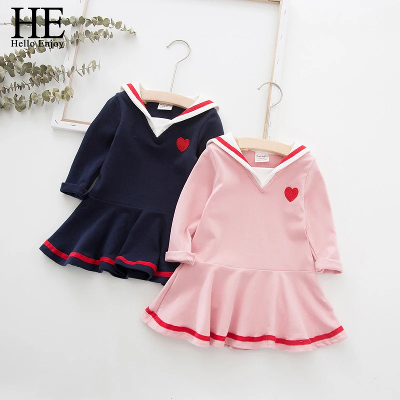 HE Hello Enjoy/Детские платья для девочек; коллекция года; сезон осень; платье в школьном стиле для маленьких девочек; детская одежда с вышивкой в виде сердца