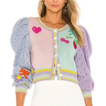 

Summer and autumn new women's heavy industry embroidery round neck single-breasted cherry sweater jacket