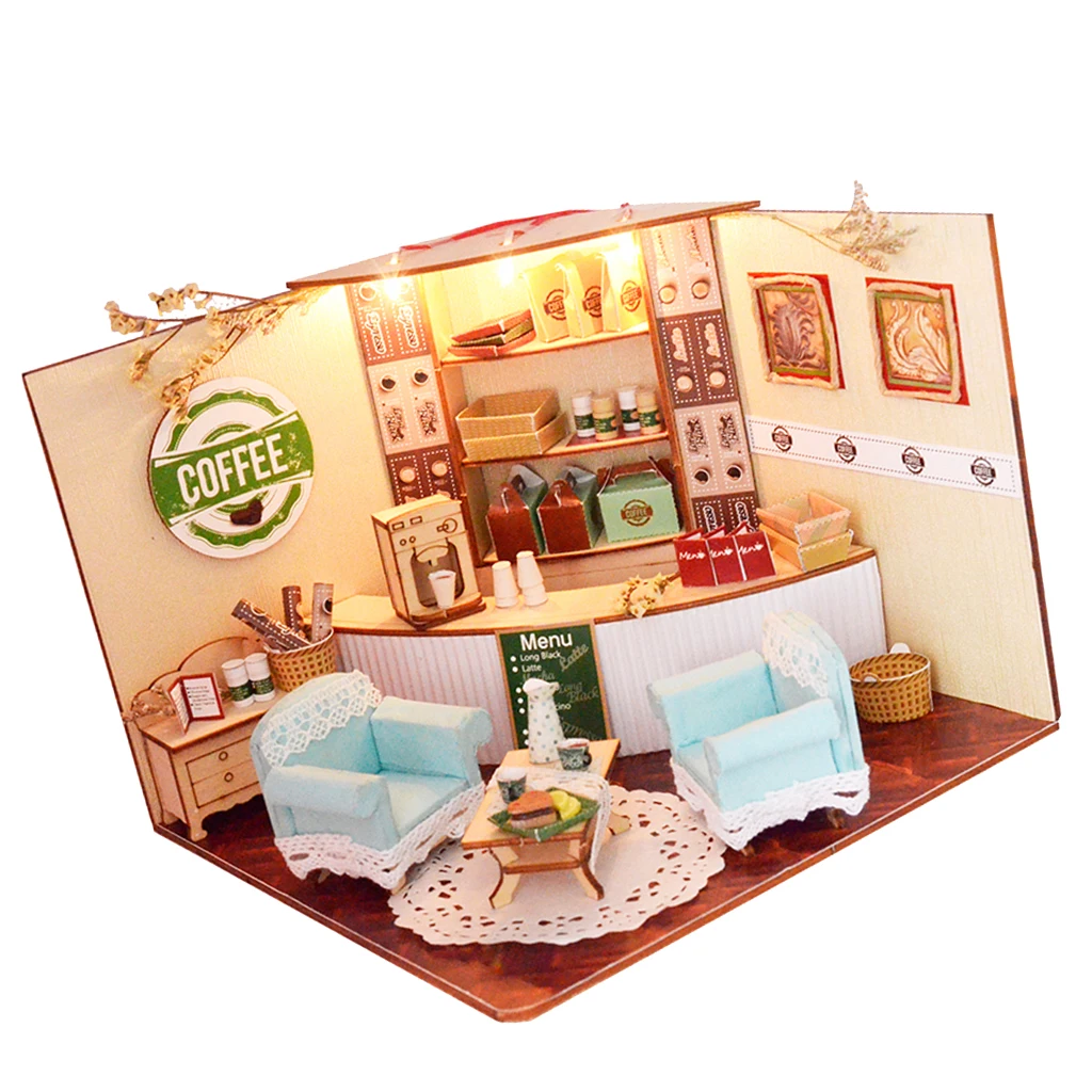 1/24 DIY Miniature Doll House Wooden Simple Coffee Shop with Furniture, LED Light