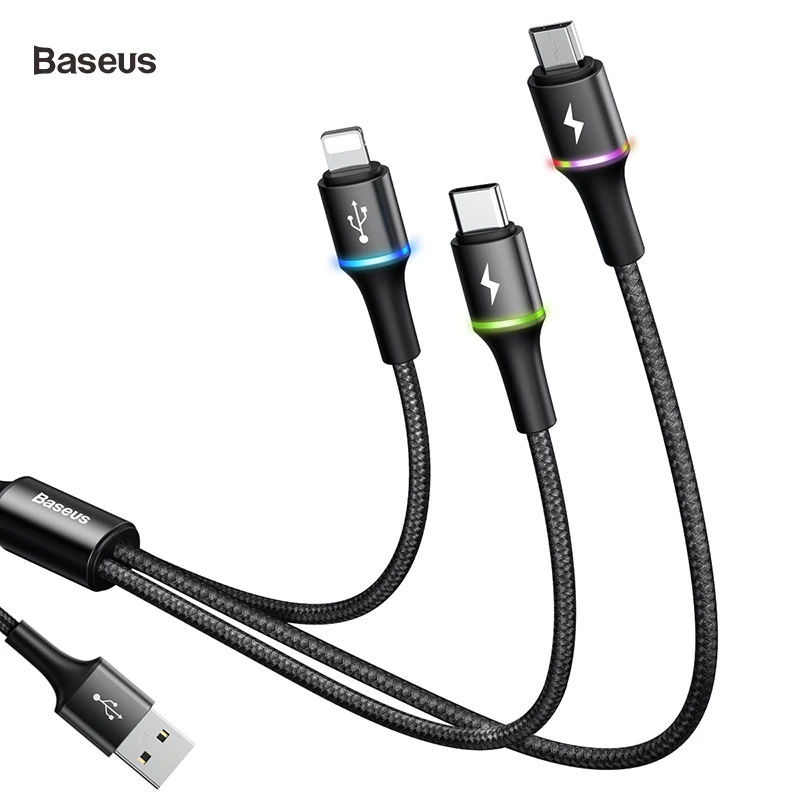 Baseus 3 в 1 USB C кабель для освещения для iPhone 11 Быстрая зарядка 2A Micro USB для Android зарядное устройство type C кабель для huawei samsung