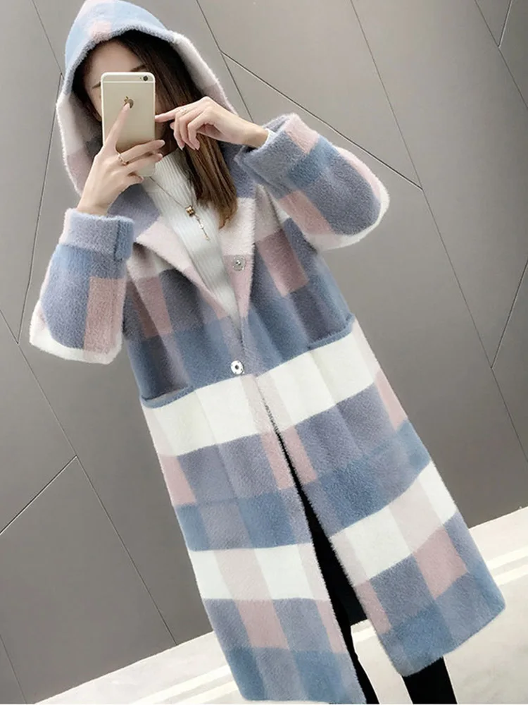 Pink hood Синяя шуба из искусственного меха норки женская одежда осень овчина Россия Зима однобортная утолщенная Вельветовая клетчатая длинная Мода - Цвет: Pink hood