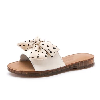 

2020 Free Shipping Women Leather Ribbon bow decoration sandals Holiday slippers Sweet girly style Non-slip PET sole 36118