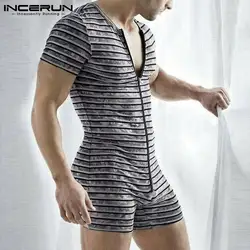 Summer Men Pajamas Rompers Print Striped Zipper Short Sleeve Playsuit Homewear Fitness Jumpsuits Cozy O Neck Nightwear INCERUN