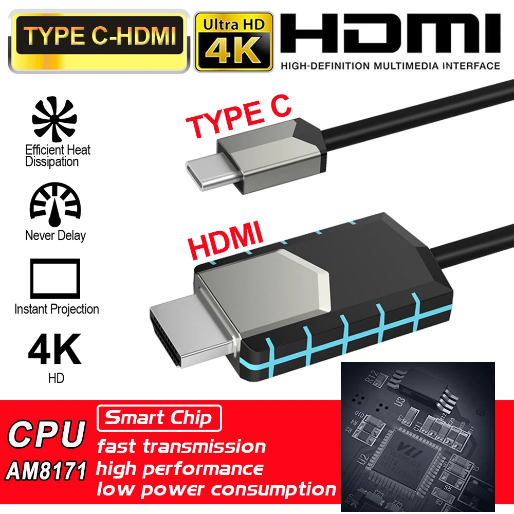 

2k 4K HDTV Type C Plug To Standard Mini HDMI CPU AM8171 Adapter TV USB For Samsung Galaxy MacBook Lead Cable Phone Apple Xiaomi