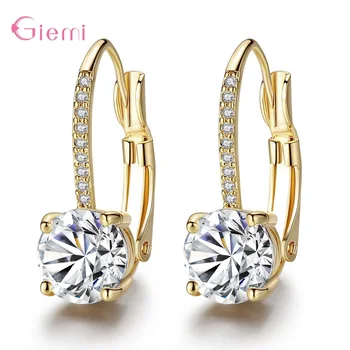 

Fashion Simple Four-Claws White Cubic Zircon Gold Hook Earrings Round Rhinestone Trendy Jewelry Gift for Women Girl