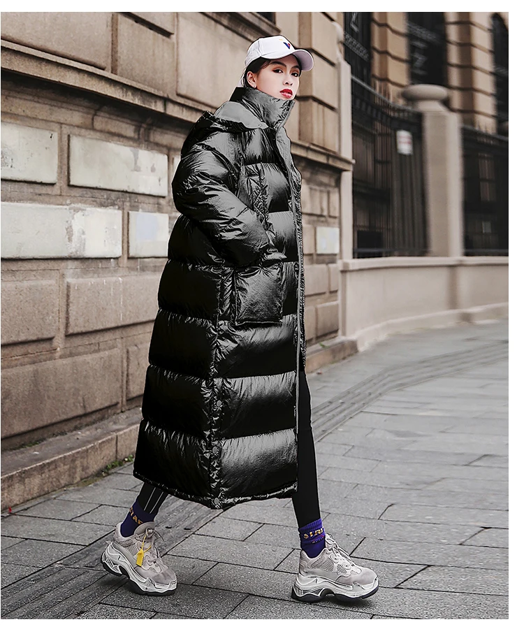 Блестящая зимняя куртка Женская Длинная с капюшоном Свободная верхняя одежда Мода размера плюс пуховые куртки пуховые стеганые пальто для женщин