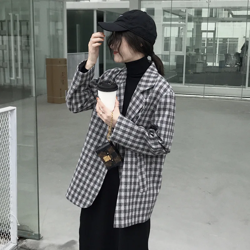 

Autumn 2019 New Style Korean-style Loose Retro CHIC Versatile Handsome Casual Plaid Suit Jacket Tops Cool GIRL'S