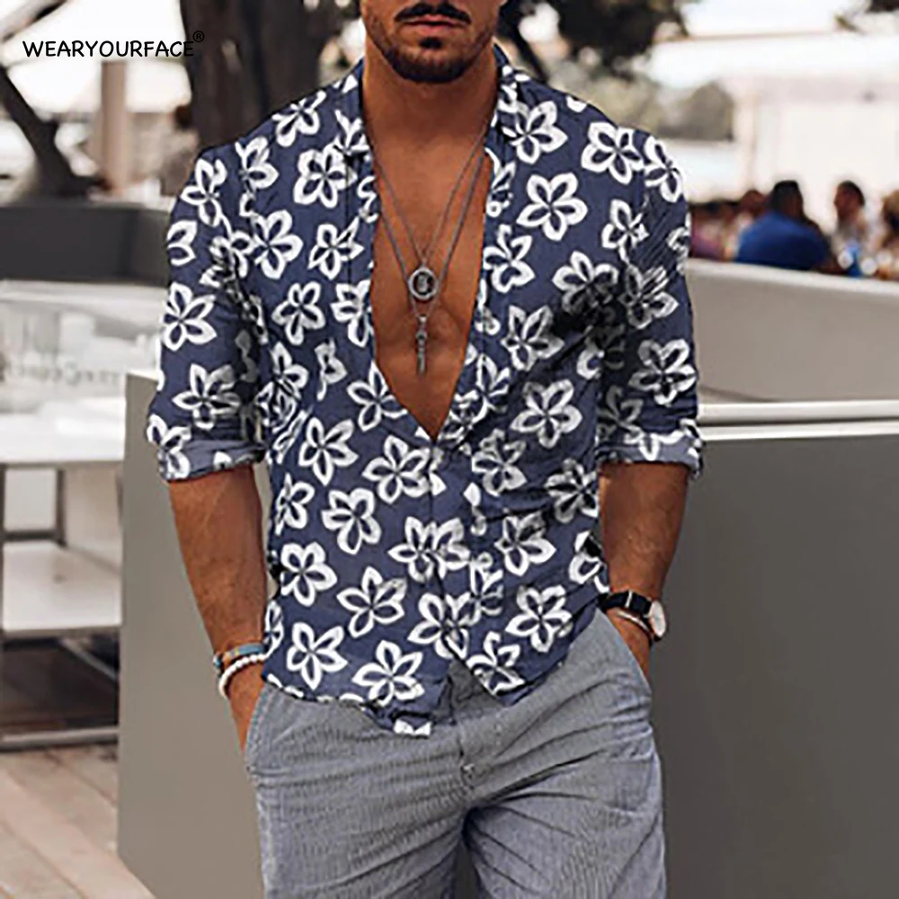 Floral Stripe Geometry 3D All Over Printed Hawaiian Button Up Shirts Full Sleeve Streetwear Vocation Casual Men Clothing