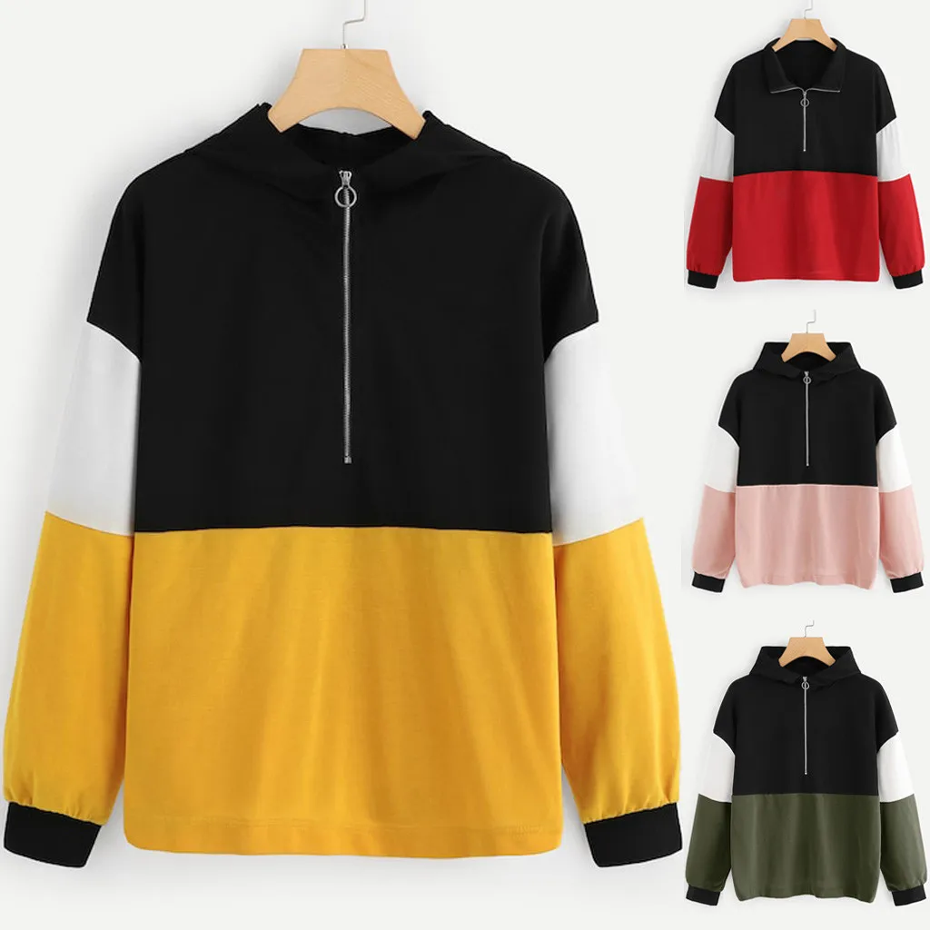 JAYCOSIN Fashion Women Zipper Hoodie Color Block Sweatshirt Casual Simple Loose O-Neck Comfortable Soft Jumper Blouse