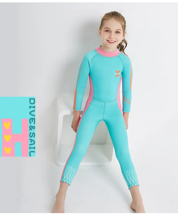Детский Гидрокостюм, 2,5 мм, неопреновый костюм для дайвинга, для детей, для девочек, сохраняющий тепло, цельный, с длинными рукавами, с защитой от ультрафиолетового излучения, для серфинга, для подводного плавания
