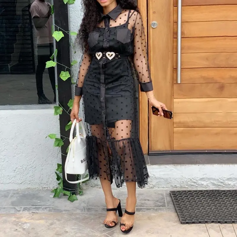 

2 Pieces Sets Dress Sexy Lace 2019 Fall Party Club Summer Elegant Black Mesh Midi Dresses Robe Female Vestiods African Style