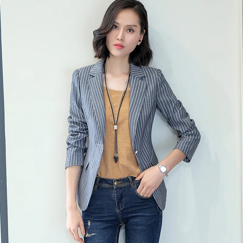 

2018 Autumn And Winter Vertical Striped Cotton Linen Small Suit Women's Slim Fit Coat Retro Graceful Elegant Ol Commuting Suit