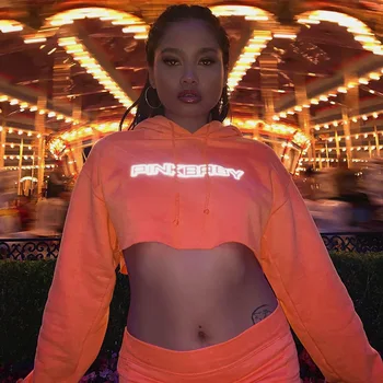 

ArtSu Pullover Sweatshirt Women Long Sleeve Hooded Hoodies Letter Reflective Neon Oversized Hoodie Pink Streetwear ASHO20364