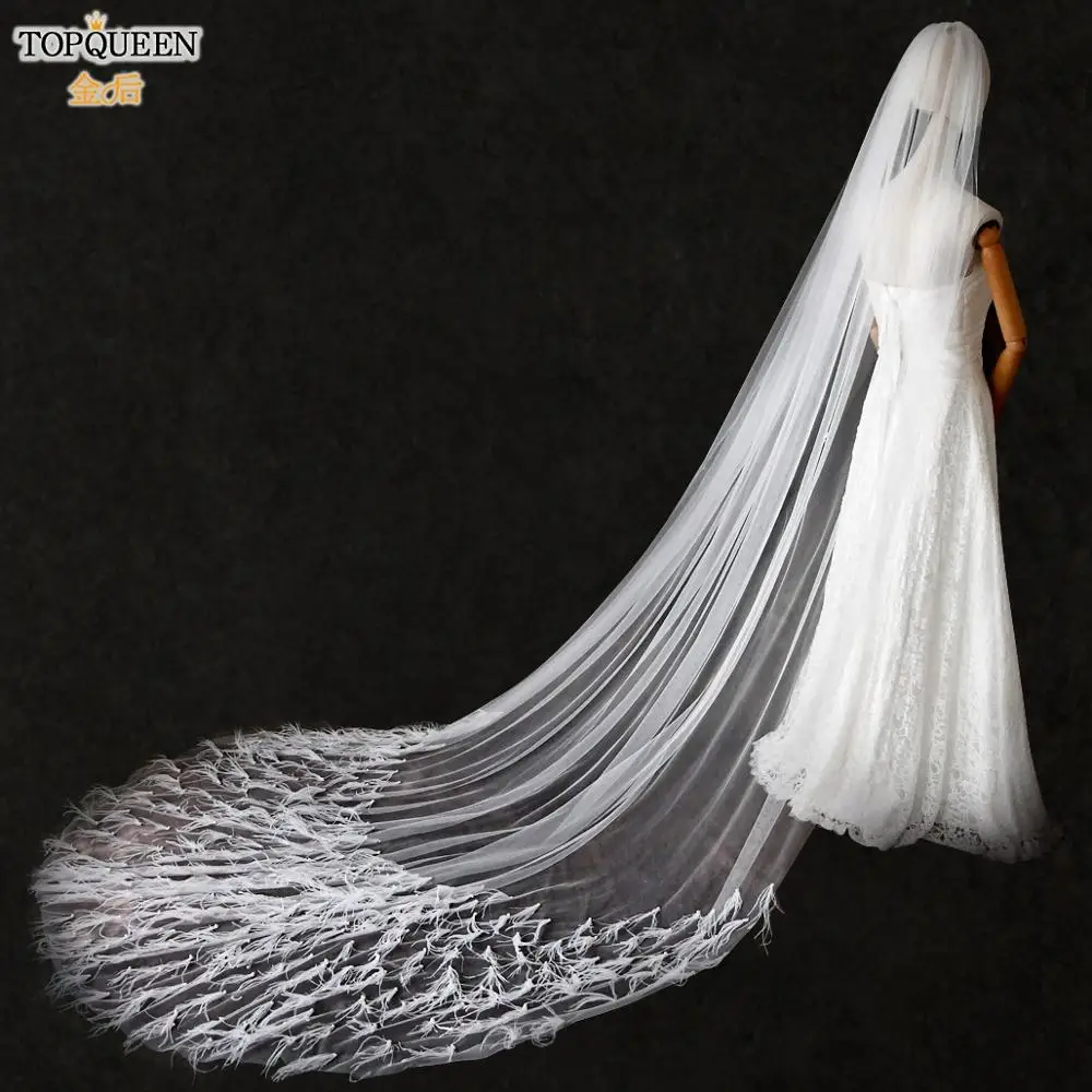 

TOPQUEEN V22 3 Metre Long Wedding Veils Feather Cathedral Wedding Veil with Comb White Ivory Wedding Veil 1 layer Luxury Veil