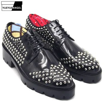 

Top Brand Men Runway Studded Rivet Thick Platform Oxfords Shoes Genuine Leather Block Med Heels Punk Wedding Party Dress Shoes