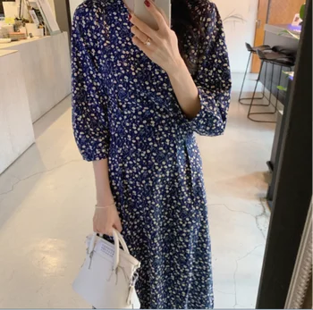 

YAMDI women print dress female vintage v neck floral polka dot korean slim chiffon dresses midi half sleeve lace up waist vestid