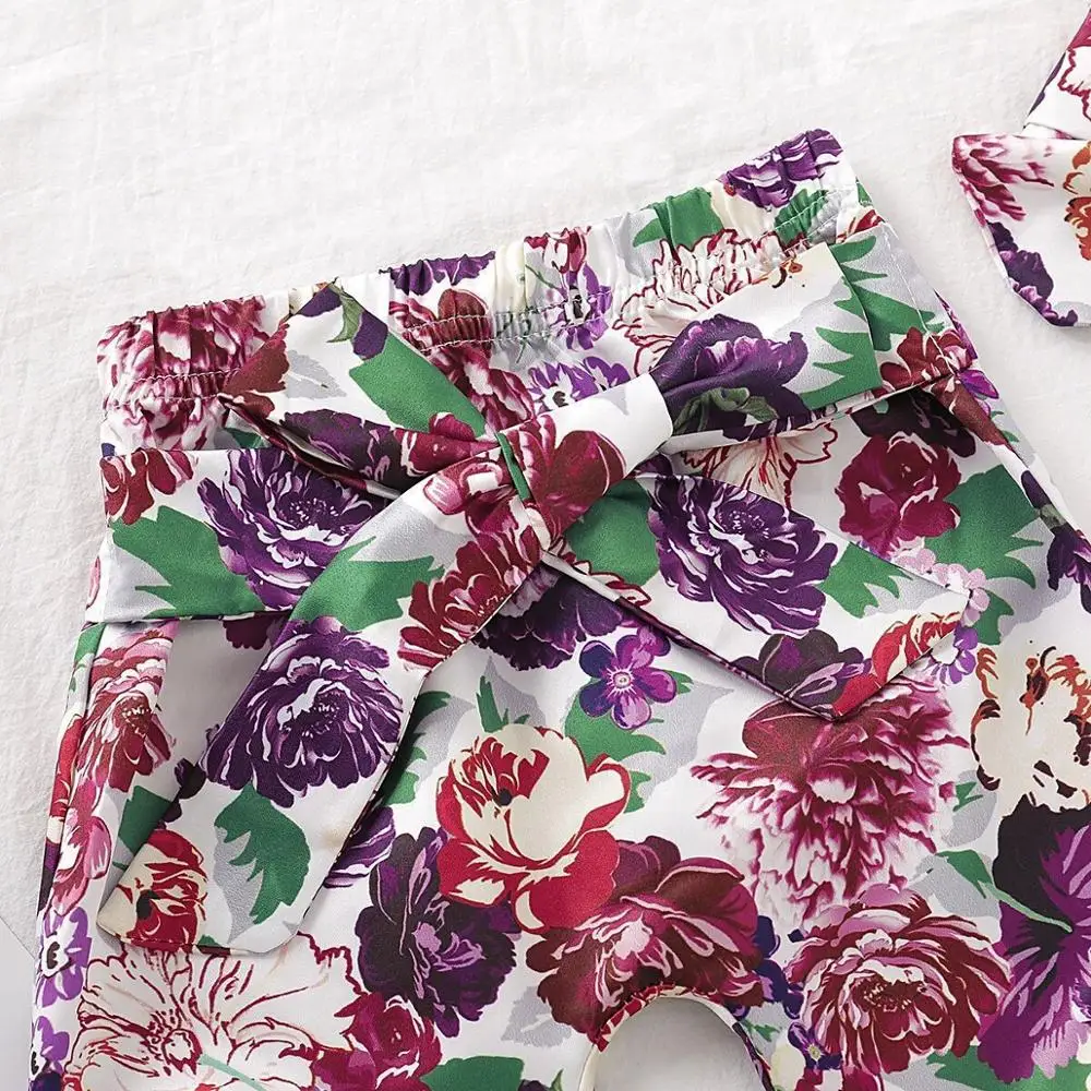 Baby Clothes Sets Fashion Solid Rompers Tops + Floral Pants + Headband Newborn Girls Outfits 3pcs Toddler Infant Clothing Cotton