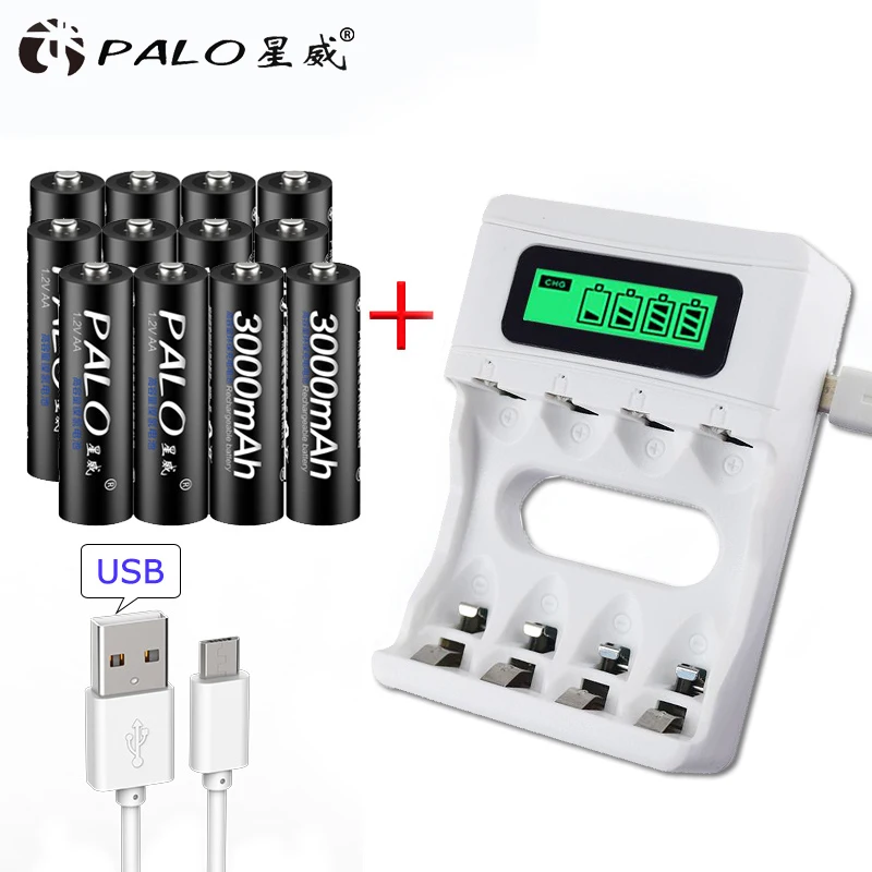 

PALO Smart Battery Charger For Ni-Cd Ni-Mh Rechargeable Batteries AA/AAA USB Charger LCD Display With 12pcs AA 3000mAh Battery